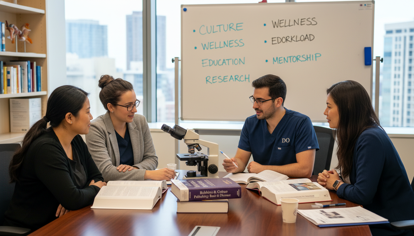 Pathology residents discussing program culture and wellness Pathology residents discussing program culture and wellness - DO graduate residency for Identifying Malignant Programs for DO