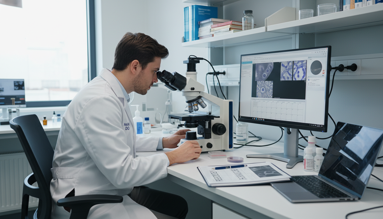 Pathology resident reviewing histology slides before residency interview - DO graduate residency for Pre-Interview Preparatio