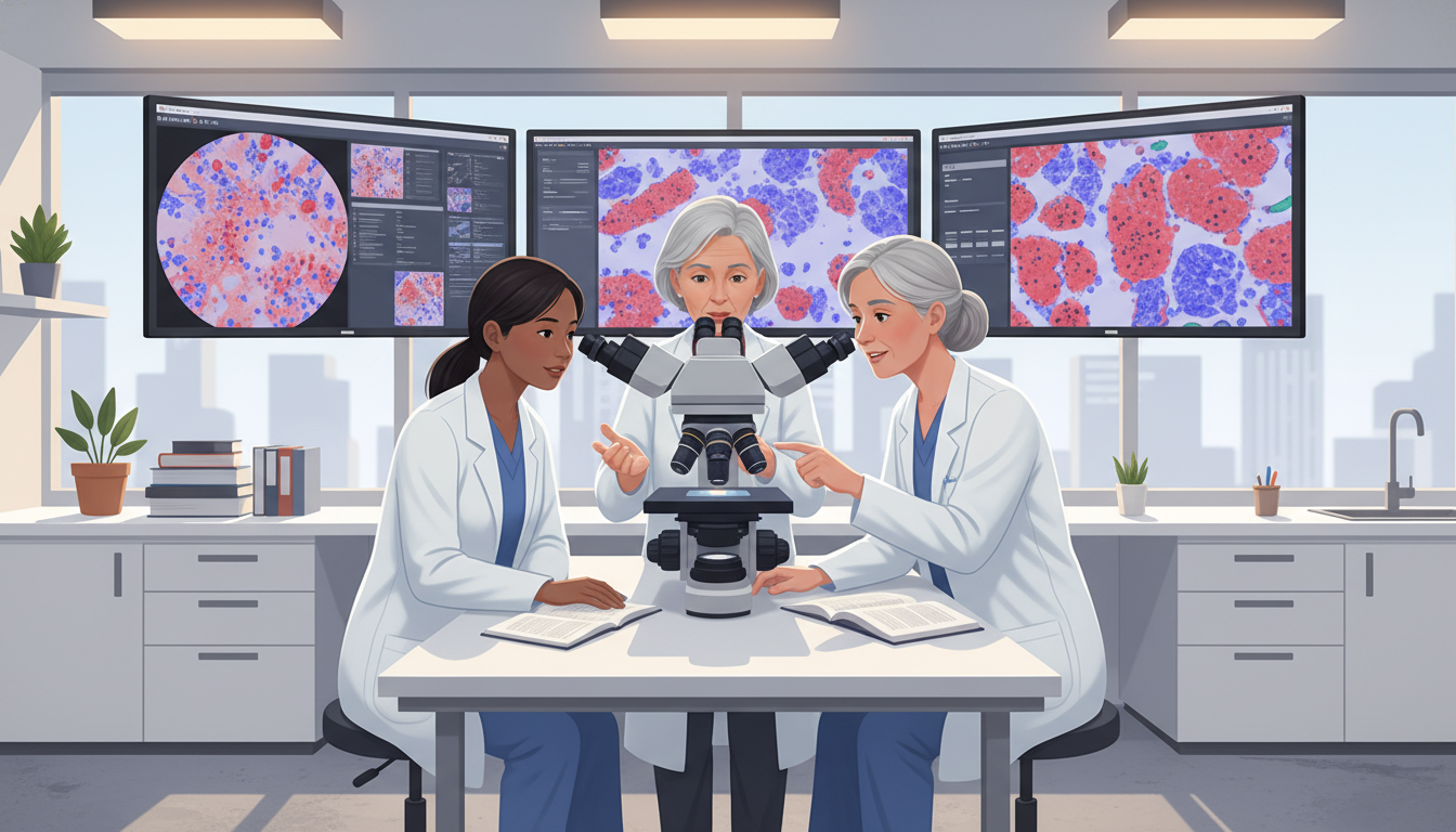 Pathology resident and attending reviewing glass slides at multiheaded microscope Pathology resident and attending reviewing glass slides at multiheaded microscope - DO graduate residency for Addressing Red