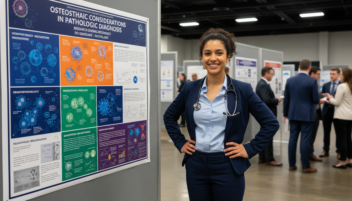 Pathology resident presenting a research poster at a medical conference Pathology resident presenting a research poster at a medical conference - DO graduate residency for Research During Residency