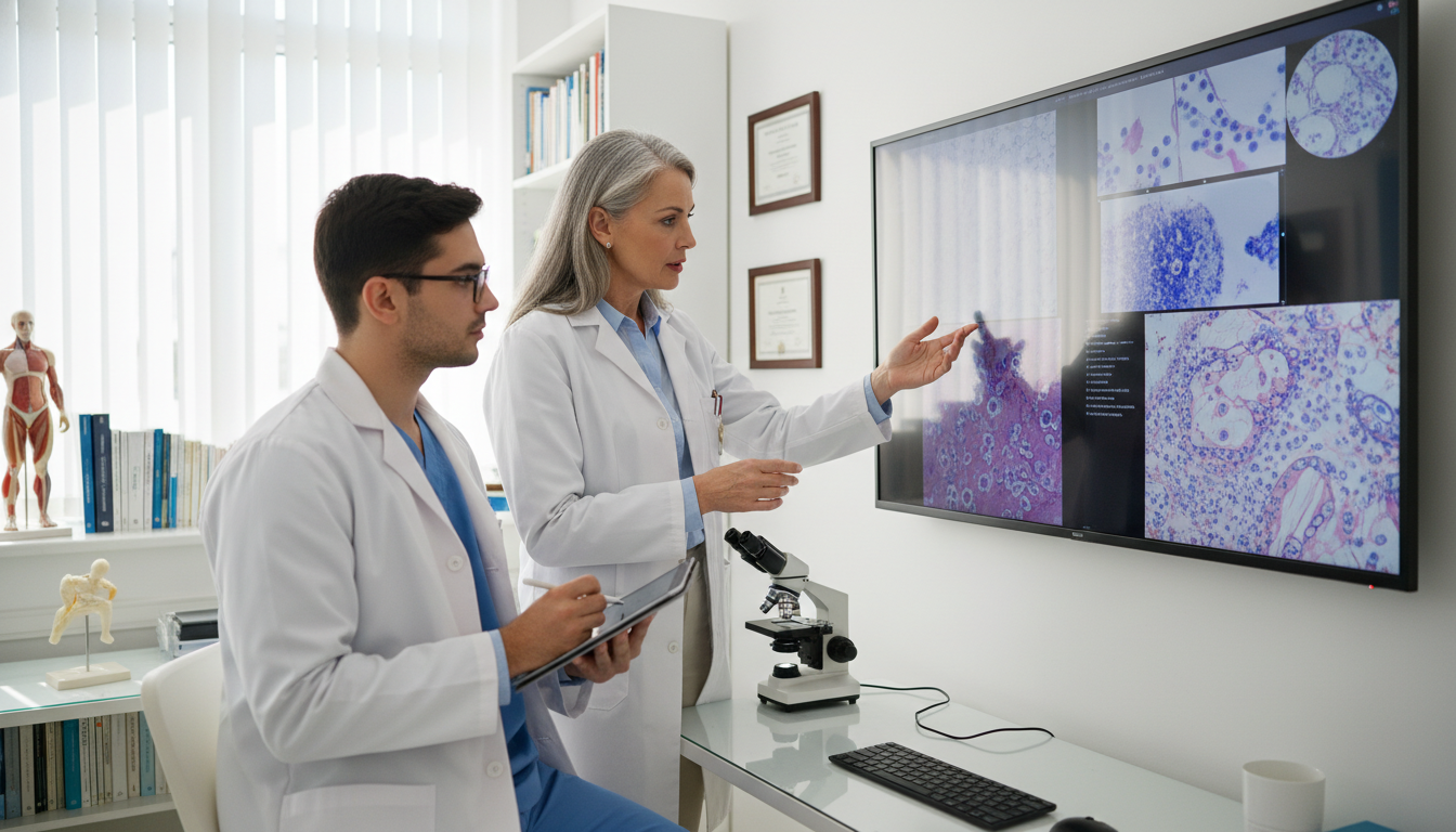 Pathology resident working with mentor reviewing digital slides on a large monitor Pathology resident working with mentor reviewing digital slides on a large monitor - DO graduate residency for Research Durin