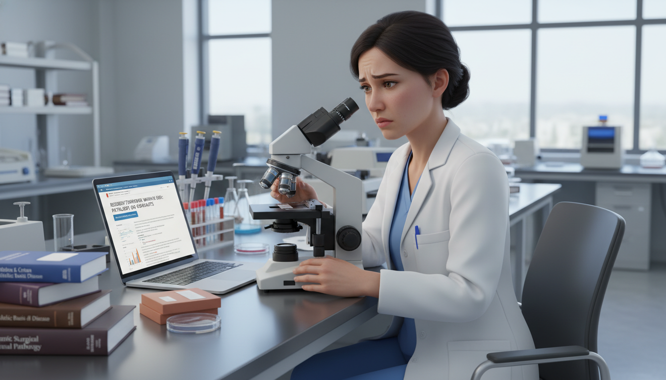 Pathology resident reviewing microscope slides while checking residency program information on a laptop Pathology resident reviewing microscope slides while checking residency program information on a laptop - DO graduate residen