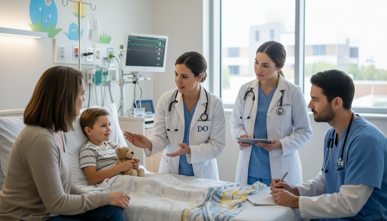 Pediatrician teaching residents in a children’s hospital ward Pediatrician teaching residents in a children’s hospital ward - DO graduate residency for Academic vs Private Practice for DO