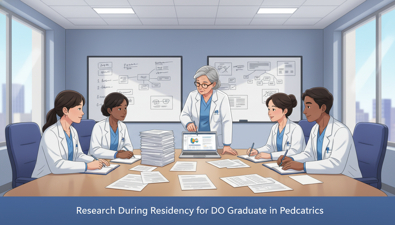 Pediatric residents discussing a research project with a faculty mentor Pediatric residents discussing a research project with a faculty mentor - DO graduate residency for Research During Residency