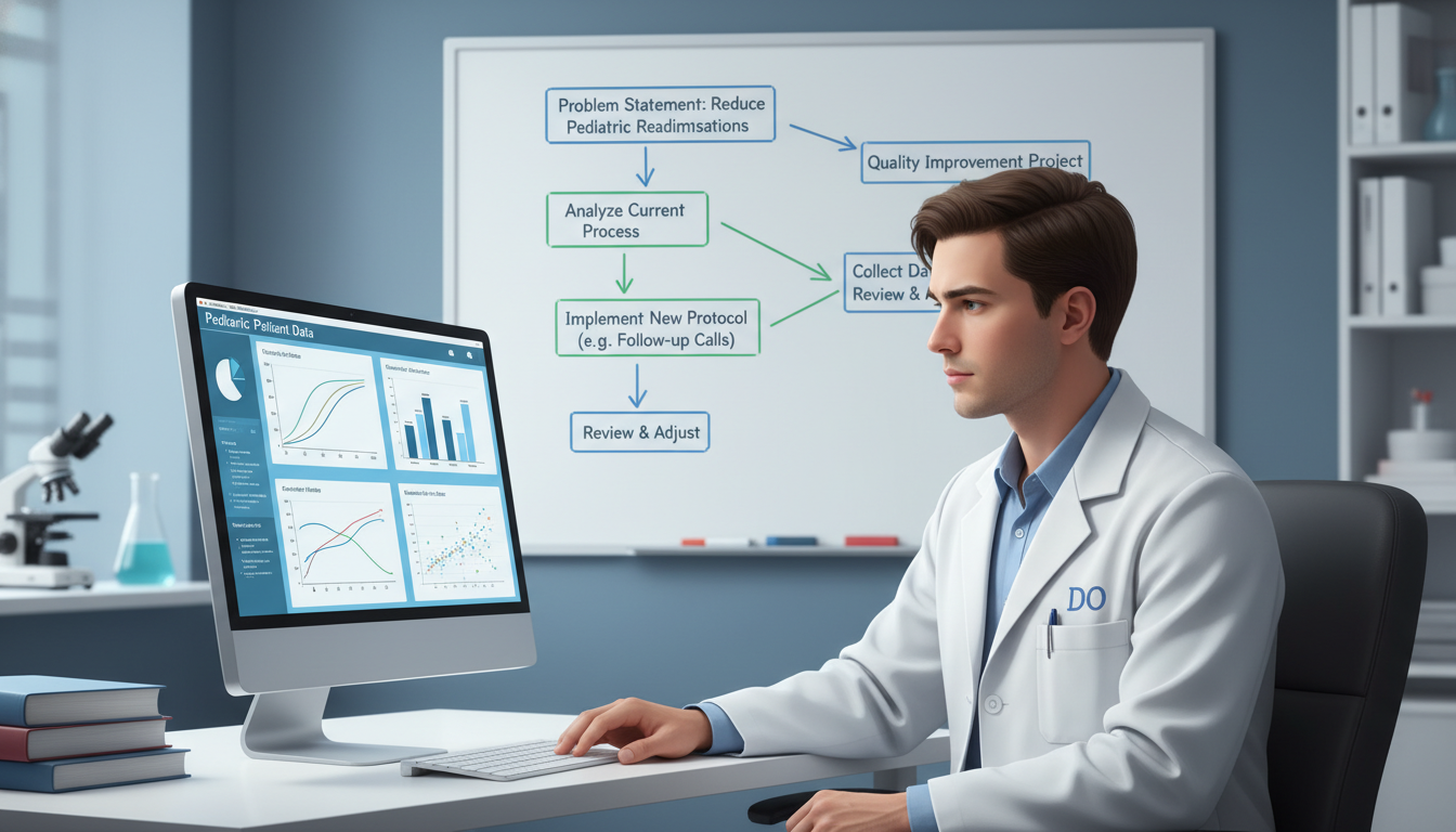 Resident working on pediatric research and quality improvement project - DO graduate residency for Research Profile Building