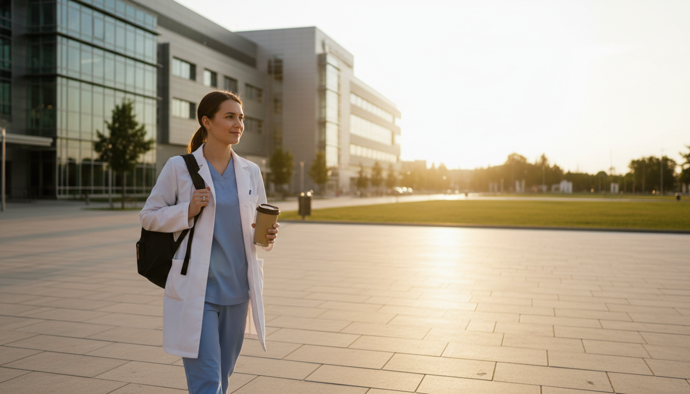 Pediatrics resident leaving the hospital at sunset Pediatrics resident leaving the hospital at sunset - DO graduate residency for Work-Life Balance Assessment for DO Graduate i