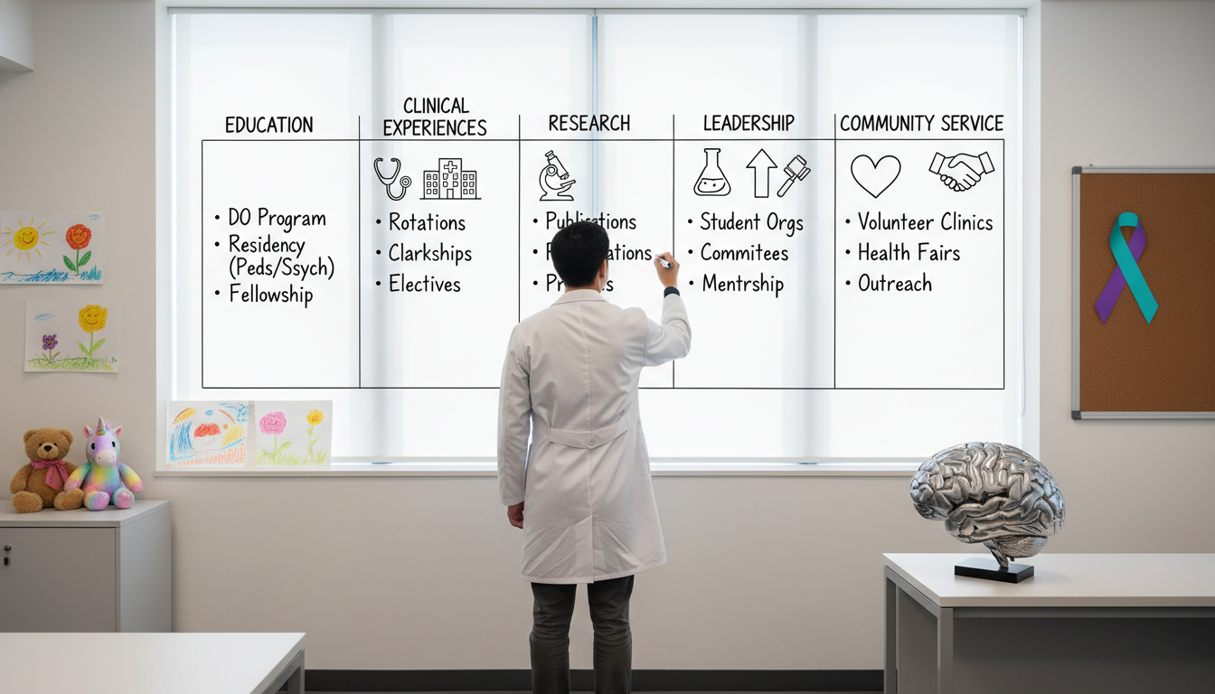 Medical student planning pediatrics-psychiatry CV sections on a whiteboard Medical student planning pediatrics-psychiatry CV sections on a whiteboard - DO graduate residency for CV Building for DO Gra