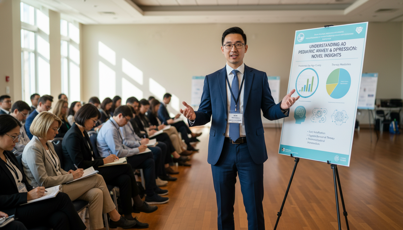 Resident presenting pediatric psychiatry research poster at a medical conference Resident presenting pediatric psychiatry research poster at a medical conference - DO graduate residency for CV Building for