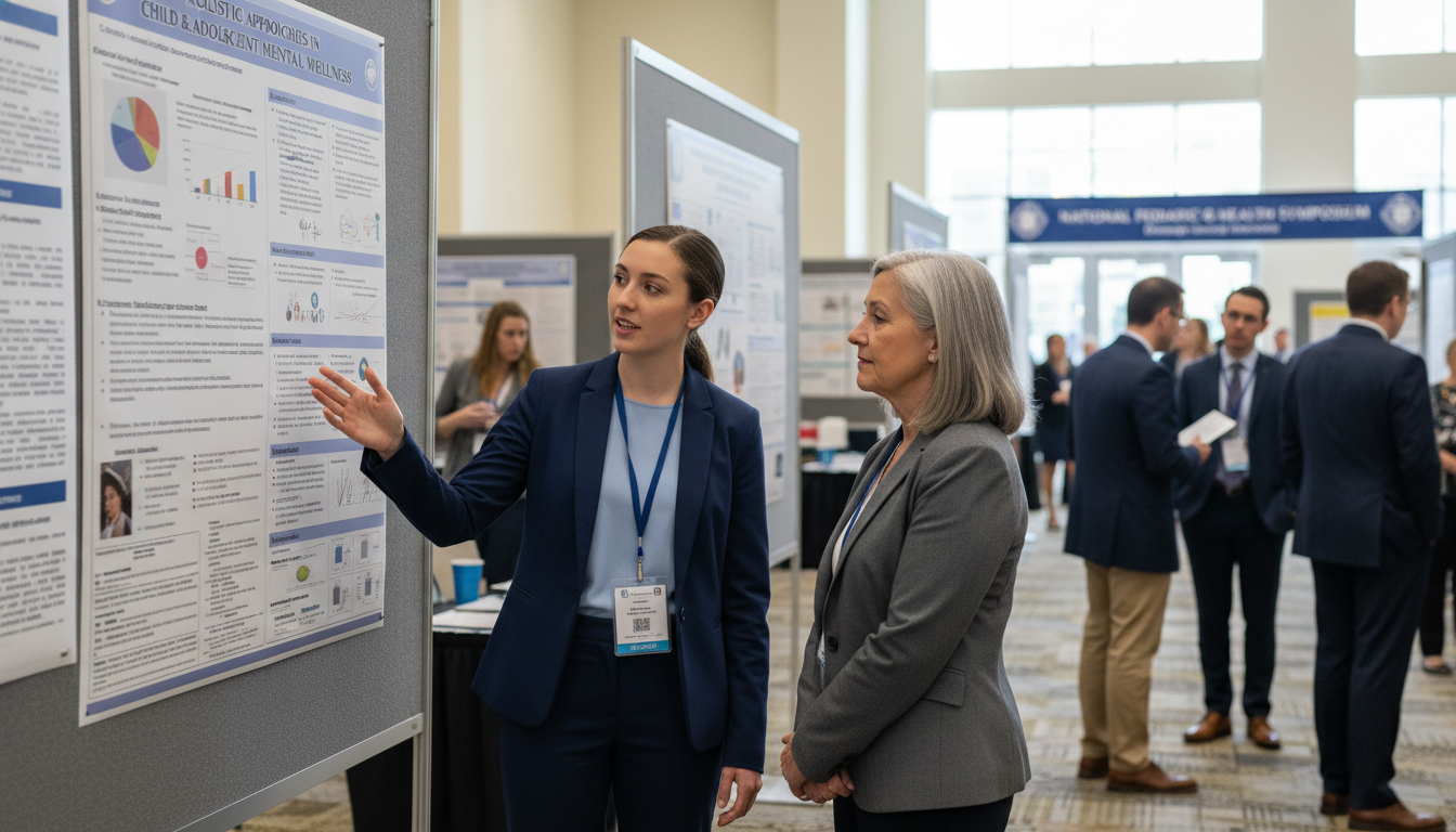 Pediatrics-psychiatry resident speaking with mentor during a poster session - DO graduate residency for Networking in Medicin
