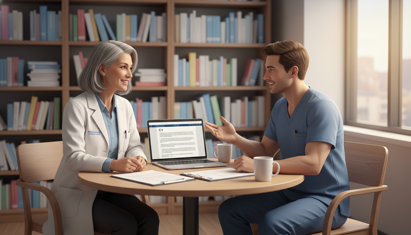 Mentor and mentee physicians meeting in a hospital office - DO graduate residency for Networking in Medicine for DO Graduate