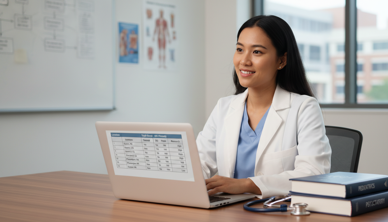 Resident comparing pediatrics-psychiatry residency program options on a laptop - DO graduate residency for Program Selection
