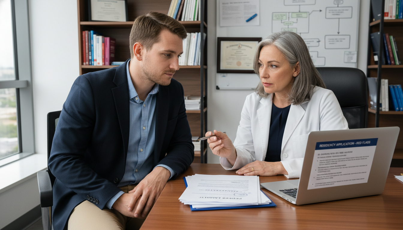 DO graduate discussing red flags with mentor in academic office DO graduate discussing red flags with mentor in academic office - DO graduate residency for Addressing Red Flags for DO Gradu