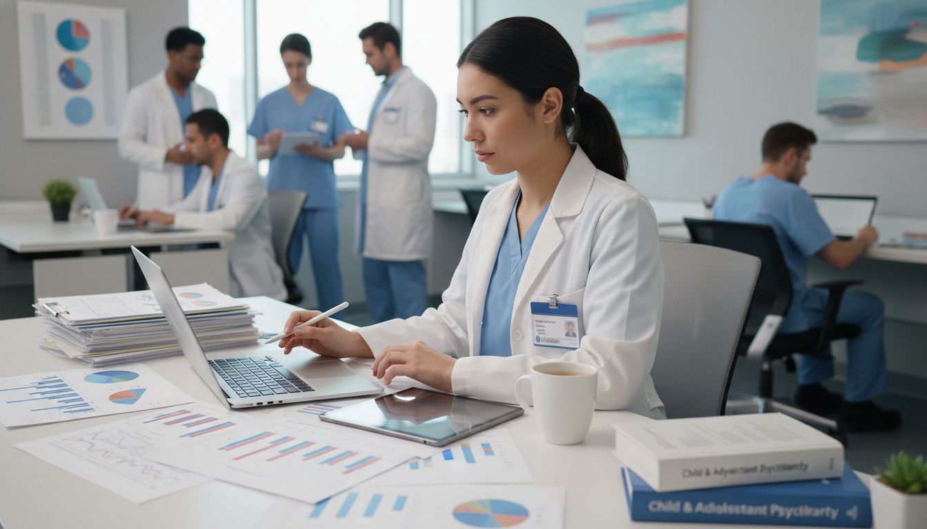 Pediatric-psychiatry resident reviewing data and writing research notes in hospital workspace Pediatric-psychiatry resident reviewing data and writing research notes in hospital workspace - DO graduate residency for Res