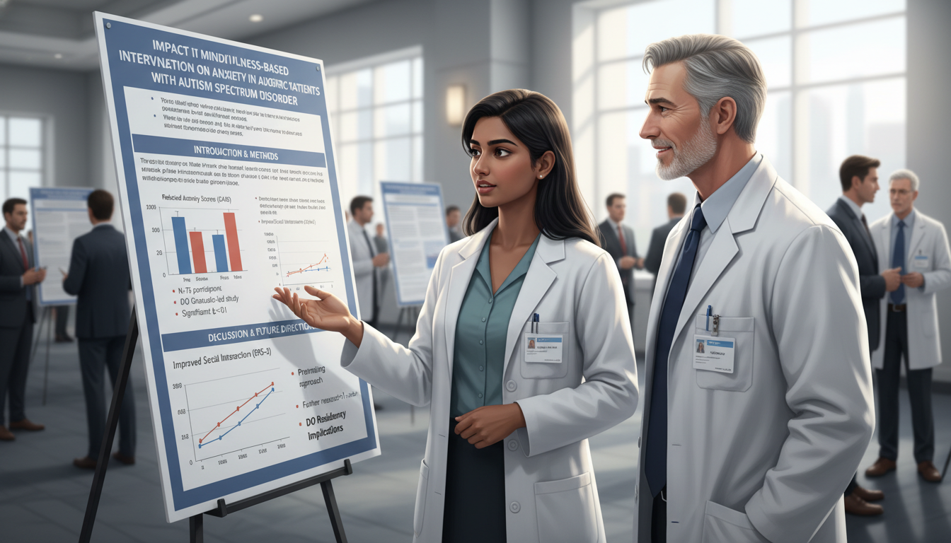 Peds psych resident presenting a research poster at a medical conference Peds psych resident presenting a research poster at a medical conference - DO graduate residency for Research During Residenc