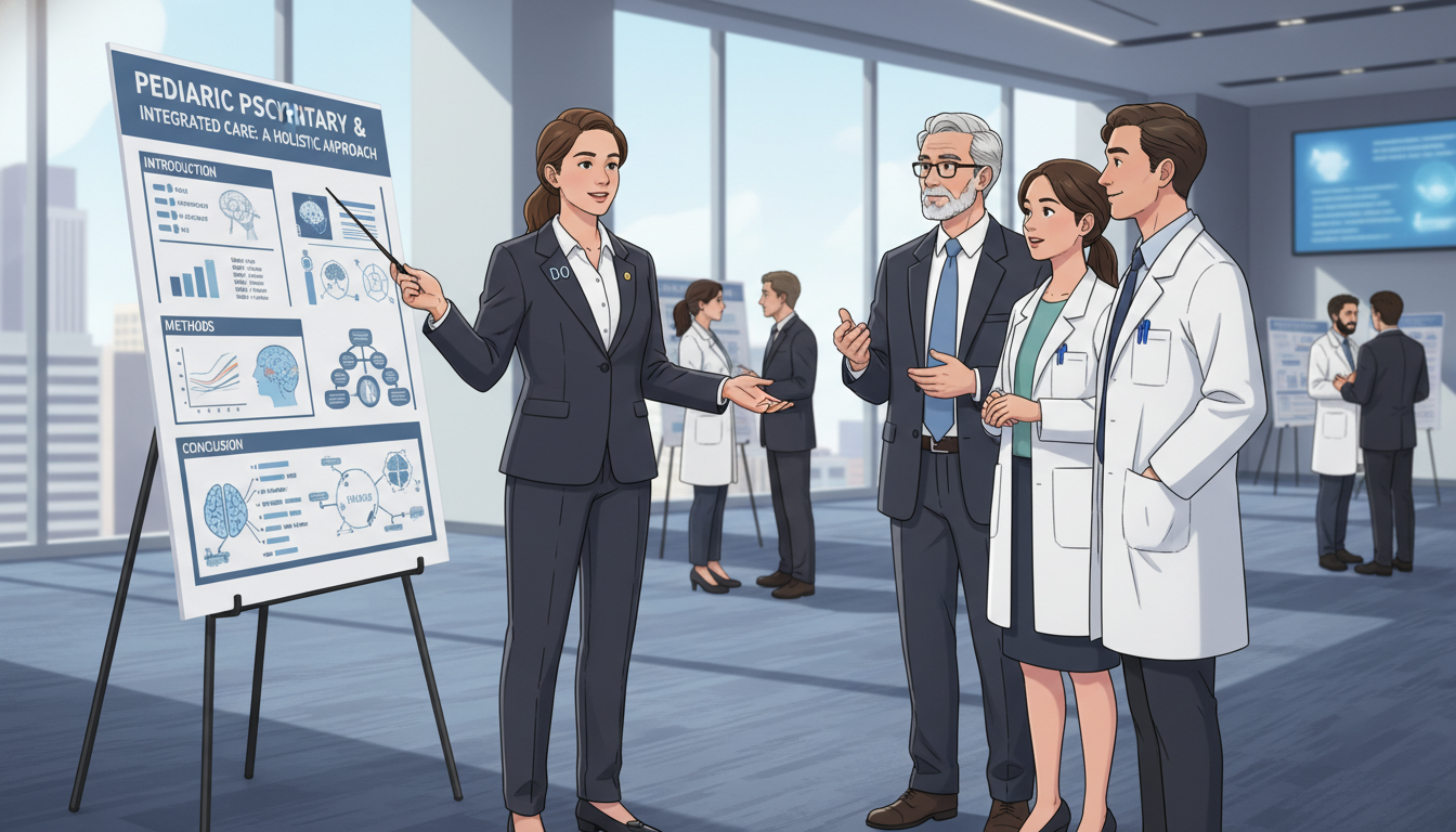 Medical graduate presenting pediatric-psychiatry research poster - DO graduate residency for Research Profile Building for DO
