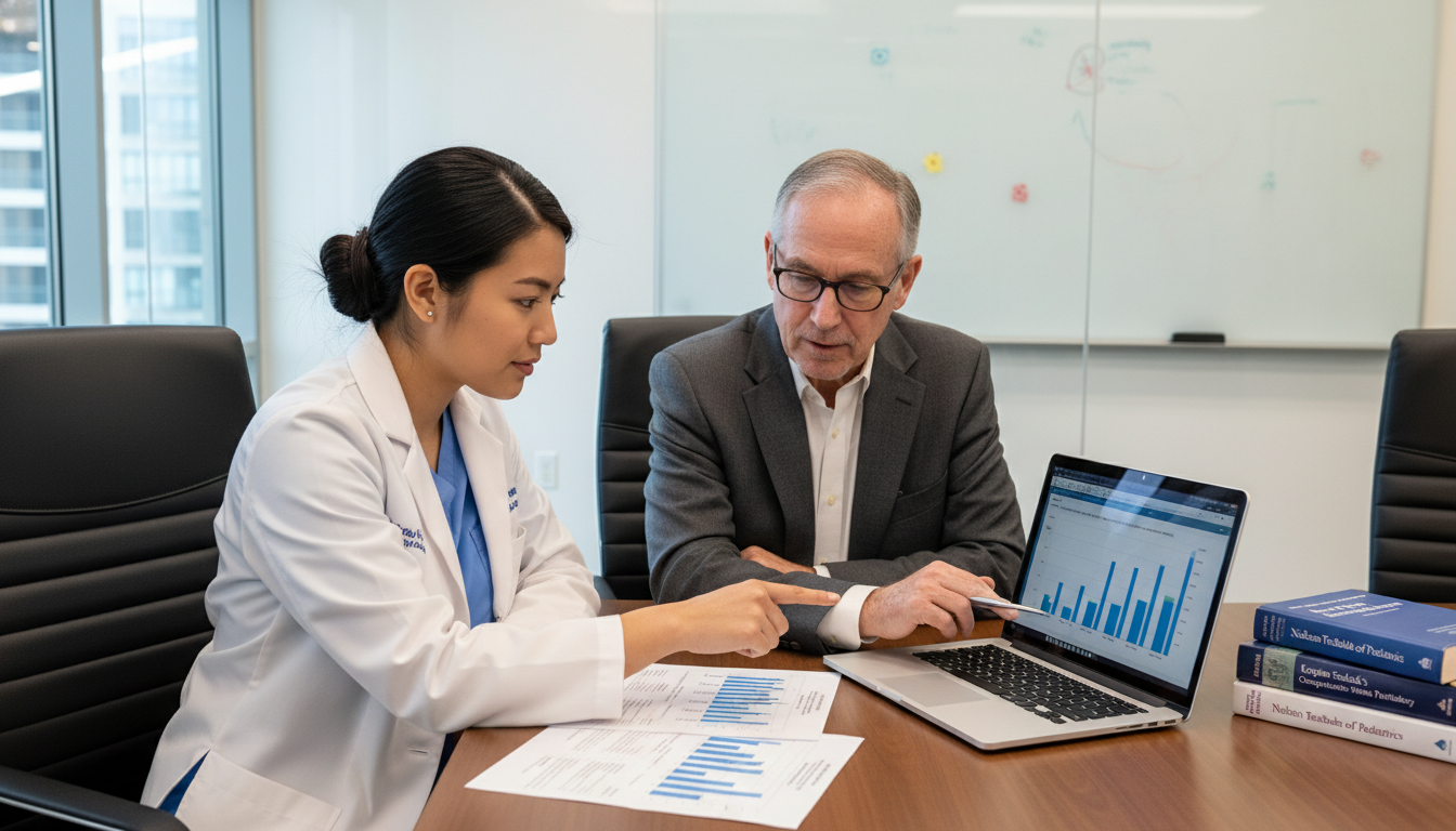 Resident and mentor collaborating on pediatric psychiatry research data - DO graduate residency for Research Profile Building