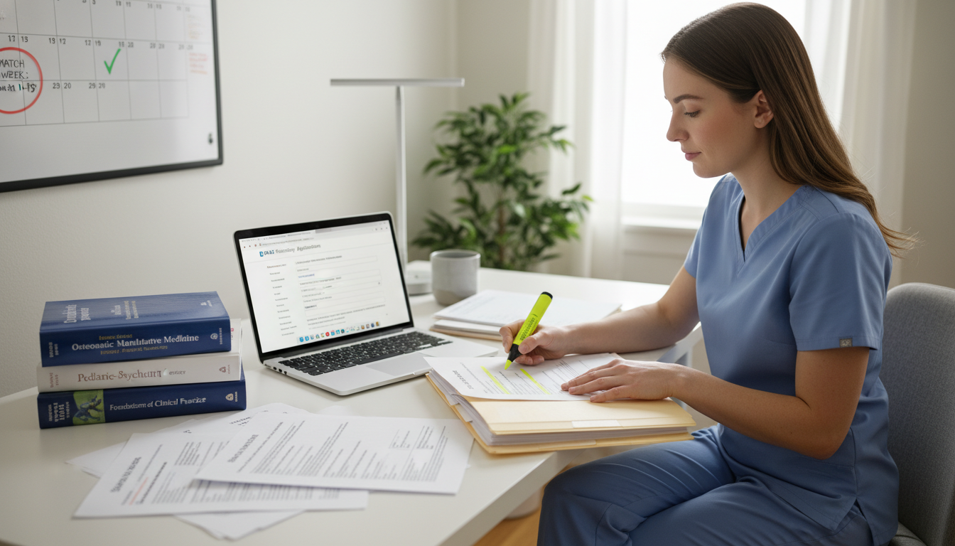 Resident planning SOAP strategy with documents and laptop - DO graduate residency for SOAP Preparation for DO Graduate in Ped