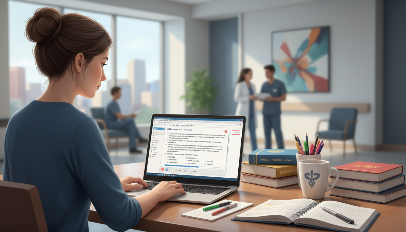 Medical student reviewing question bank for USMLE Step 2 CK on a laptop Medical student reviewing question bank for USMLE Step 2 CK on a laptop - DO graduate residency for USMLE Step 2 CK Preparati