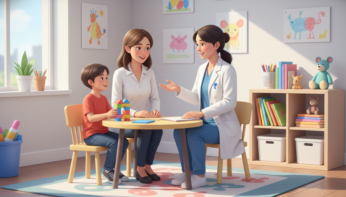 Pediatrics-psychiatry resident talking with a child patient and parent in clinic Pediatrics-psychiatry resident talking with a child patient and parent in clinic - DO graduate residency for Work-Life Balanc