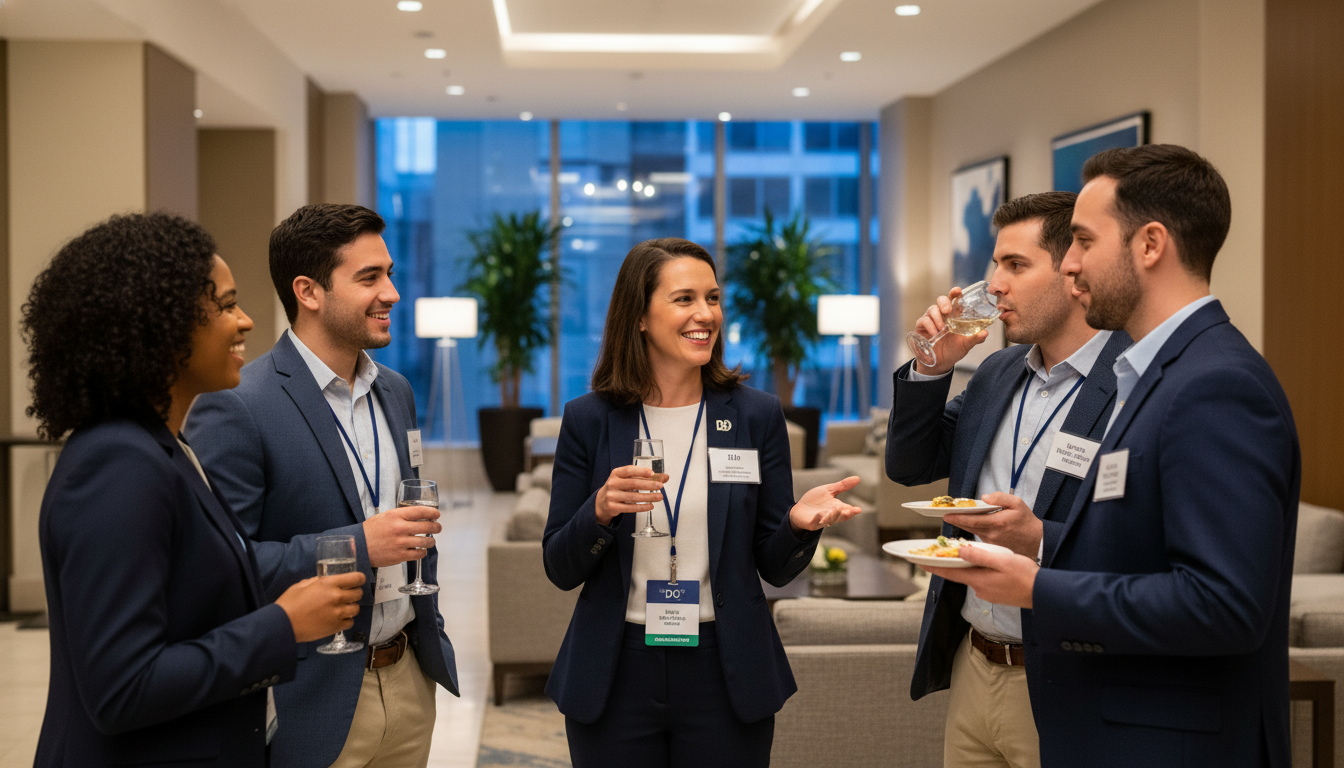 Plastic surgery residents networking at a conference reception Plastic surgery residents networking at a conference reception - DO graduate residency for Networking in Medicine for DO Grad
