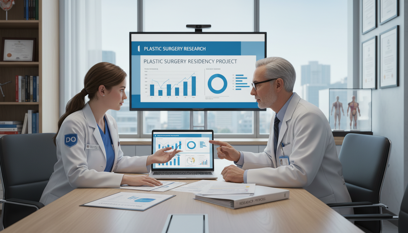 Plastic surgery resident discussing research plans with faculty mentor - DO graduate residency for Research During Residency