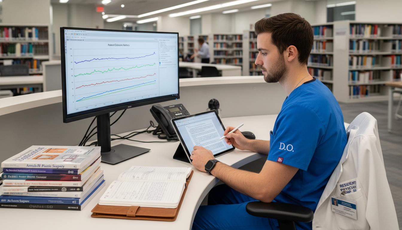 Plastic surgery resident analyzing research data and writing manuscript - DO graduate residency for Research During Residency