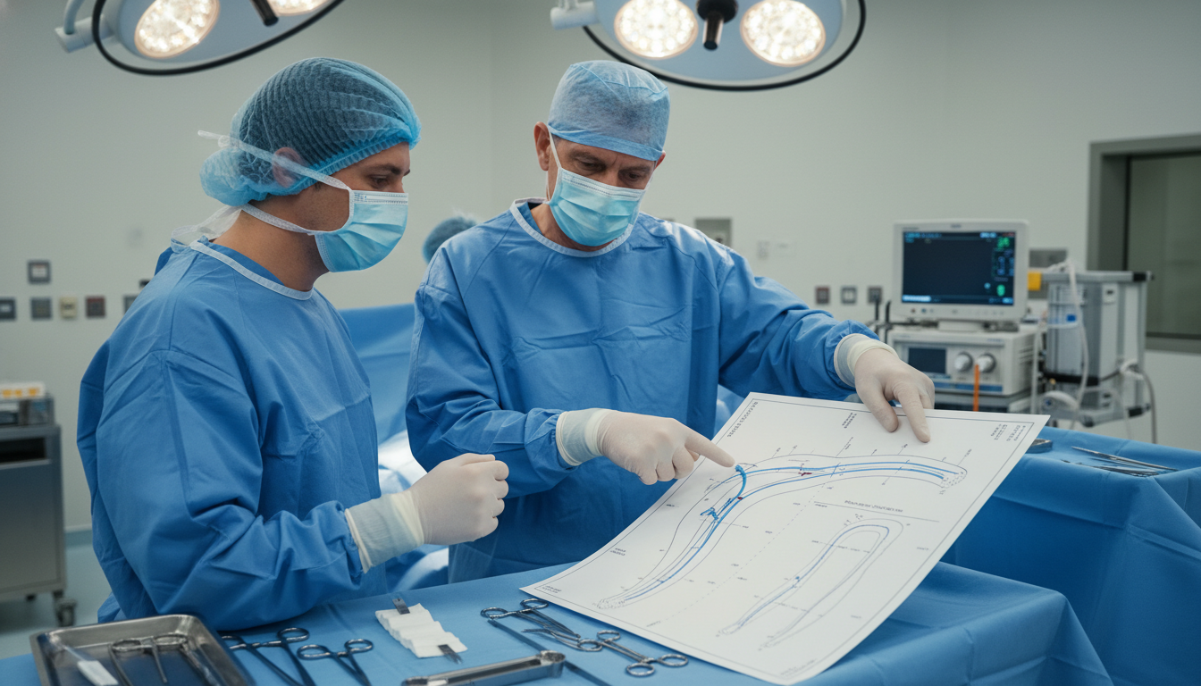 Plastic surgery resident in the operating room discussing case plan with attending Plastic surgery resident in the operating room discussing case plan with attending - DO graduate residency for Work-Life Bala