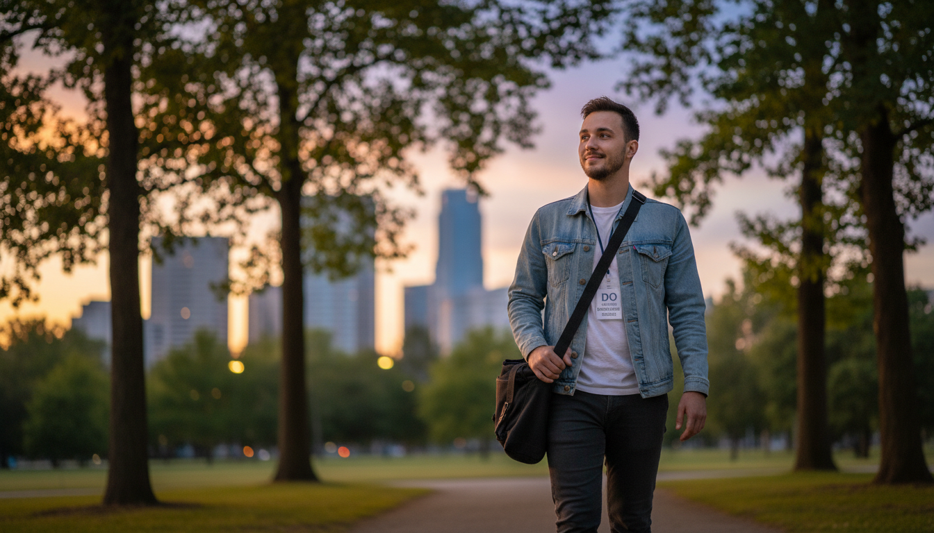 Plastic surgery resident enjoying time outdoors after a hospital shift Plastic surgery resident enjoying time outdoors after a hospital shift - DO graduate residency for Work-Life Balance Assessme