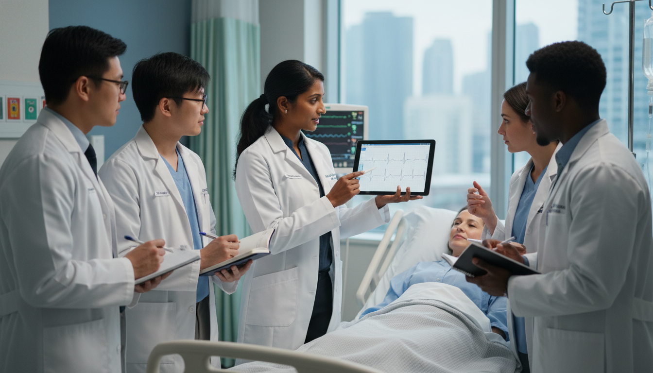 DO preliminary medicine resident teaching medical students on rounds in an academic hospital DO preliminary medicine resident teaching medical students on rounds in an academic hospital - DO graduate residency for Acad