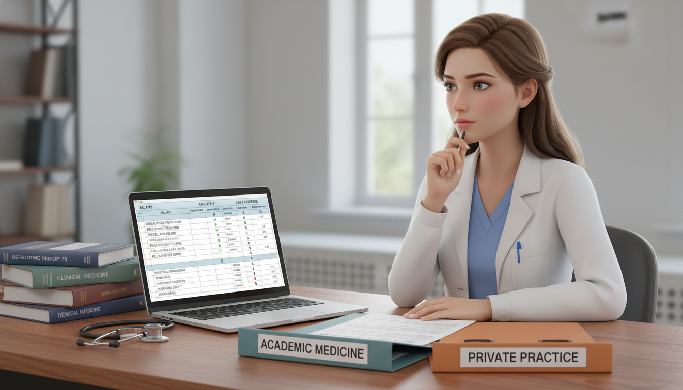 DO physician evaluating private practice versus academic career options using charts and notes DO physician evaluating private practice versus academic career options using charts and notes - DO graduate residency for Ac