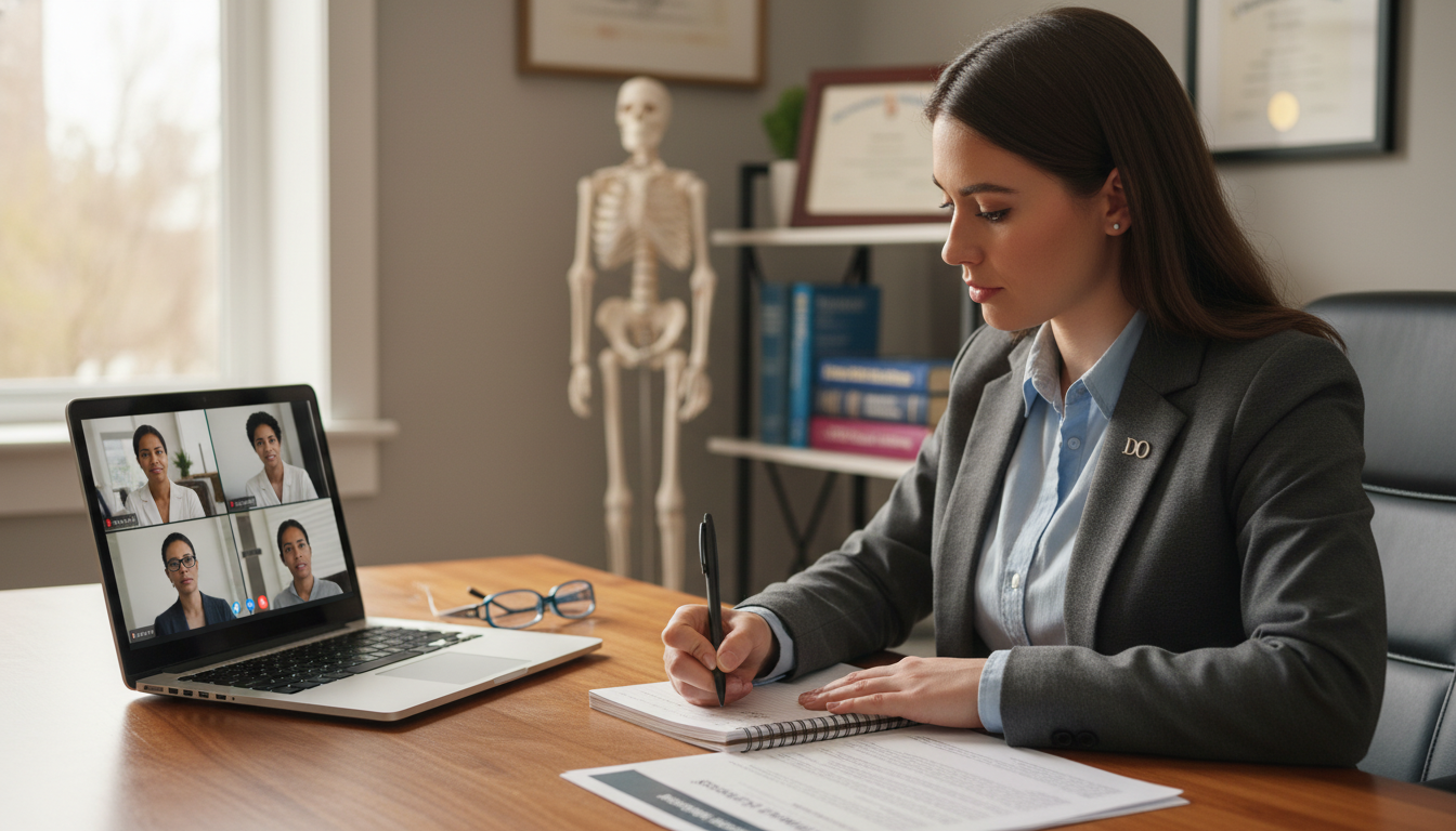 Osteopathic medical graduate taking notes during a virtual residency interview Osteopathic medical graduate taking notes during a virtual residency interview - DO graduate residency for Questions to Ask P