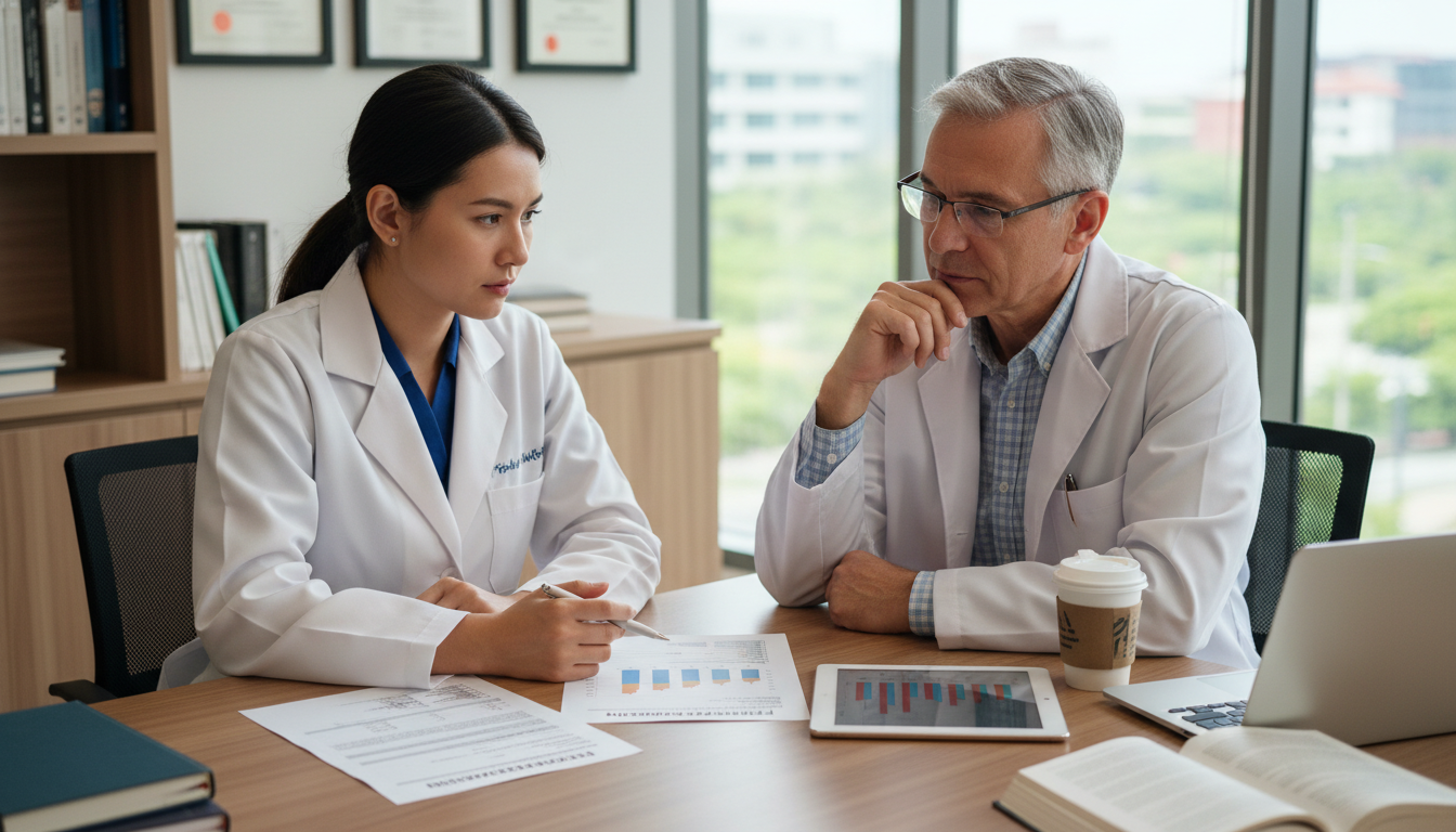 Resident doctor and faculty mentor discussing performance improvement Resident doctor and faculty mentor discussing performance improvement - DO graduate residency for Addressing Red Flags for DO