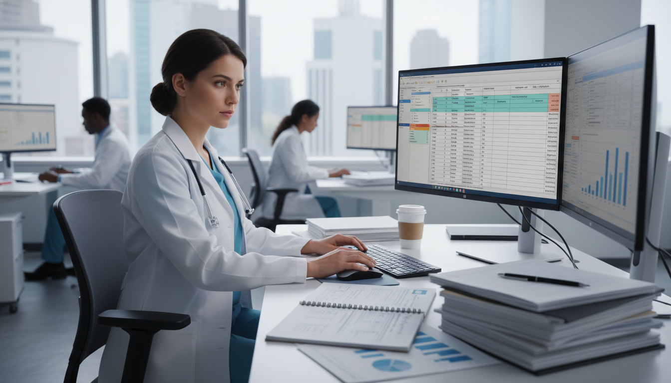 Preliminary medicine resident reviewing research data on hospital computer Preliminary medicine resident reviewing research data on hospital computer - DO graduate residency for Research During Reside