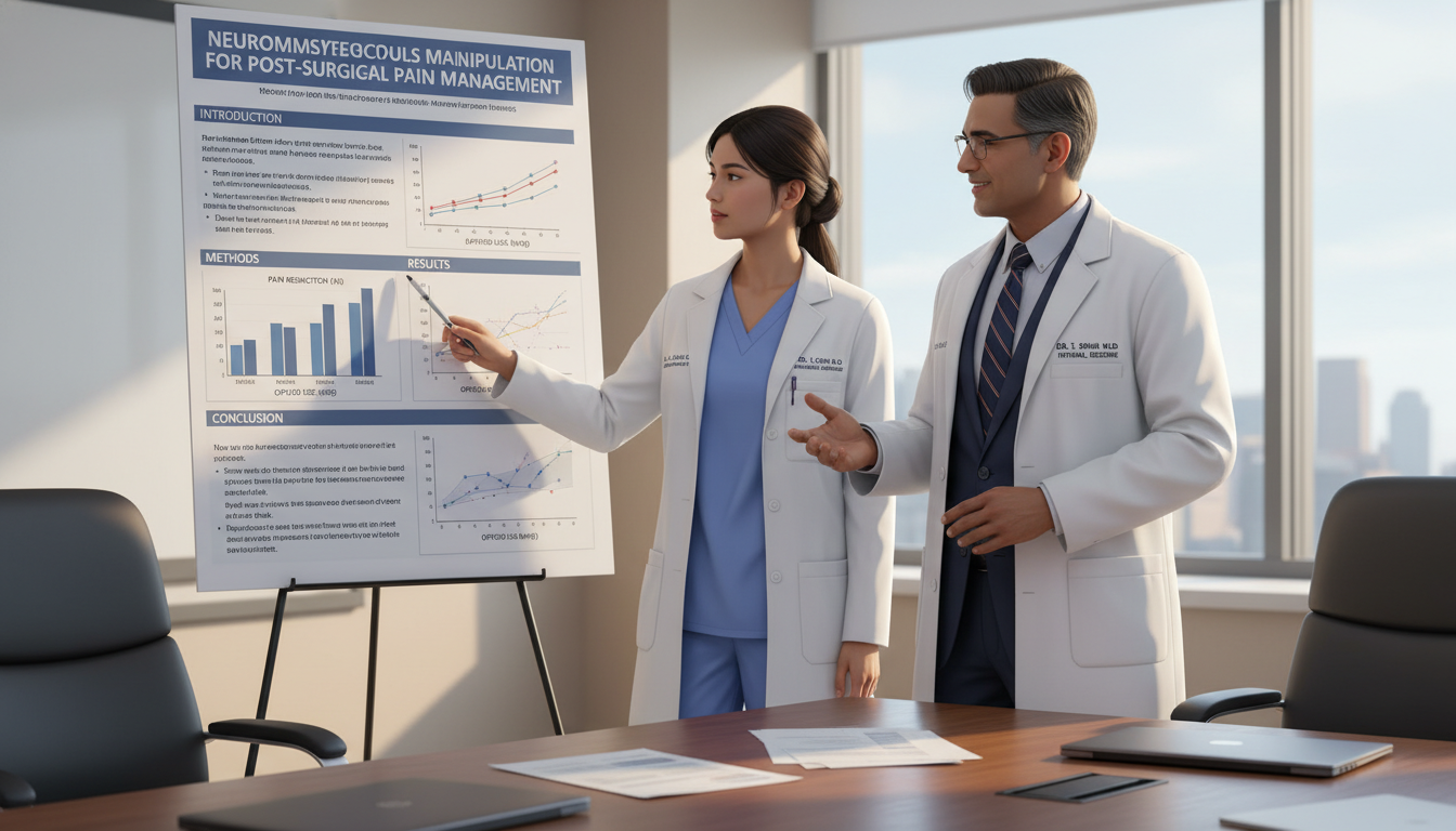 Resident doctor discussing research poster with mentor Resident doctor discussing research poster with mentor - DO graduate residency for Research Profile Building for DO Graduate