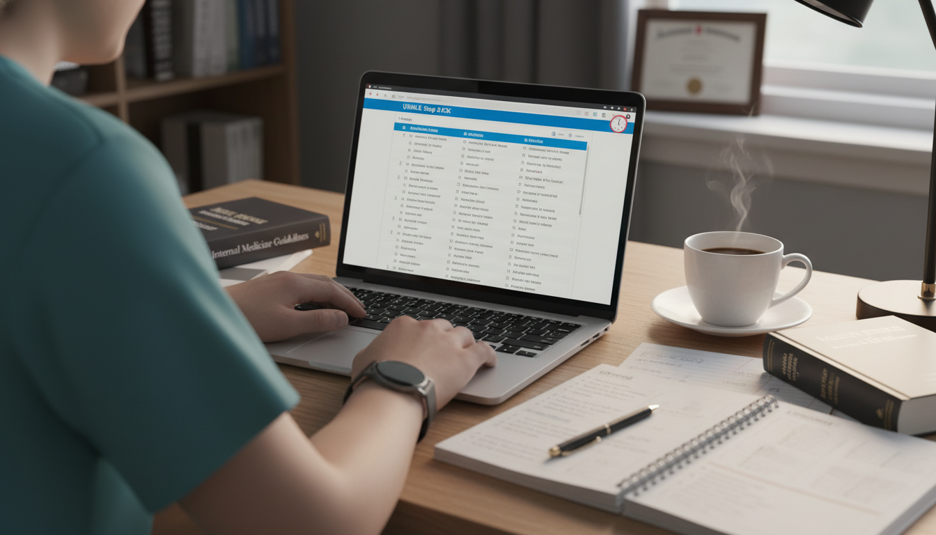 Medical student practicing timed USMLE Step 2 CK questions on a laptop Medical student practicing timed USMLE Step 2 CK questions on a laptop - DO graduate residency for USMLE Step 2 CK Preparatio