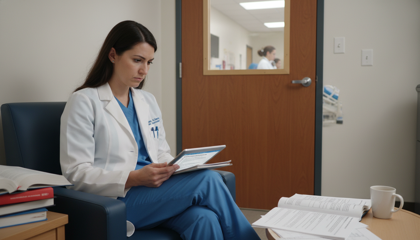 DO graduate reviewing USMLE Step 2 CK material in a hospital call room DO graduate reviewing USMLE Step 2 CK material in a hospital call room - DO graduate residency for USMLE Step 2 CK Preparatio