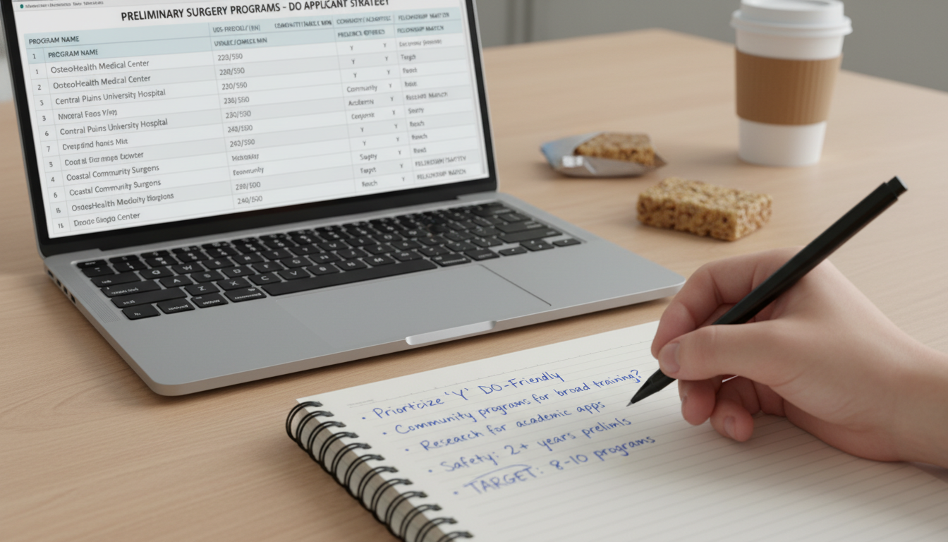 Spreadsheet of preliminary surgery residency programs with DO-friendly indicators - DO graduate residency for Program Selecti