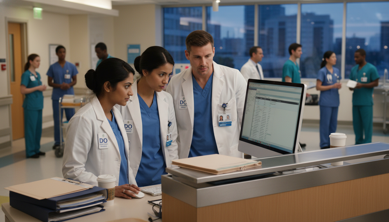 Surgical residents and DO preliminary surgery resident reviewing patient list Surgical residents and DO preliminary surgery resident reviewing patient list - DO graduate residency for Questions to Ask Pr