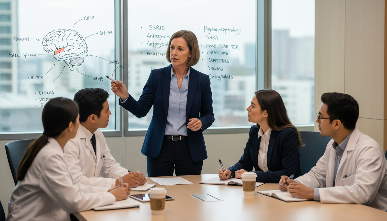 Academic psychiatrist teaching residents and medical students in a hospital conference room Academic psychiatrist teaching residents and medical students in a hospital conference room - DO graduate residency for Acade