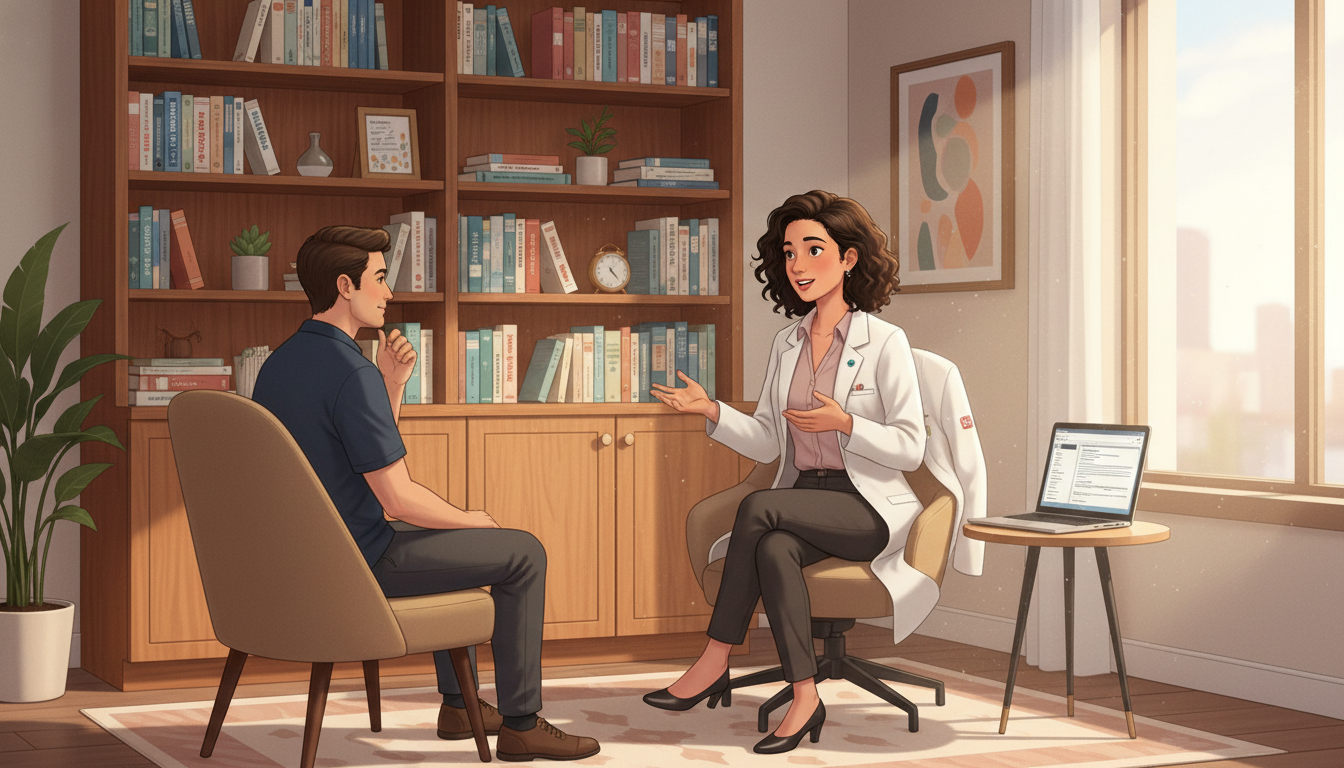 Private practice psychiatrist in a comfortable outpatient office with a patient Private practice psychiatrist in a comfortable outpatient office with a patient - DO graduate residency for Academic vs Priva