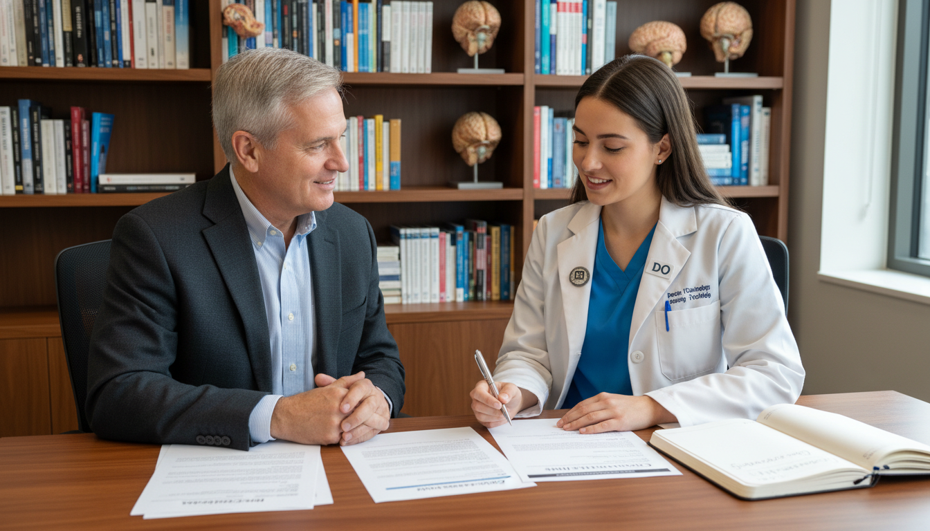 Osteopathic psychiatry resident discussing fellowship plans with a mentor in an academic office Osteopathic psychiatry resident discussing fellowship plans with a mentor in an academic office - DO graduate residency for F