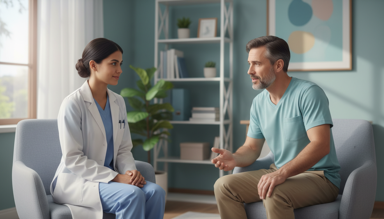Psychiatry resident speaking with a patient in clinic Psychiatry resident speaking with a patient in clinic - DO graduate residency for Common Interview Questions for DO Graduate