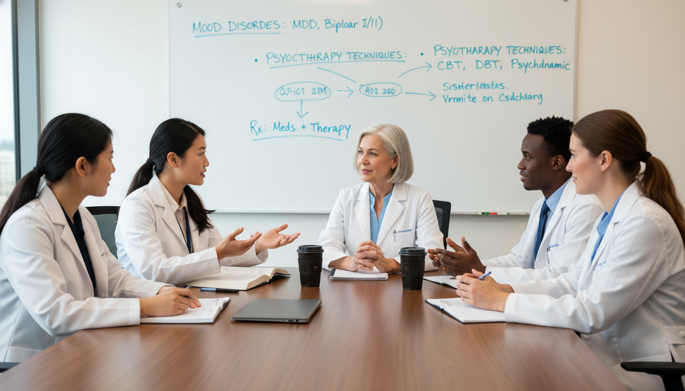 Psychiatry residents in discussion with supervising attending, demonstrating supportive training environment Psychiatry residents in discussion with supervising attending, demonstrating supportive training environment - DO graduate re
