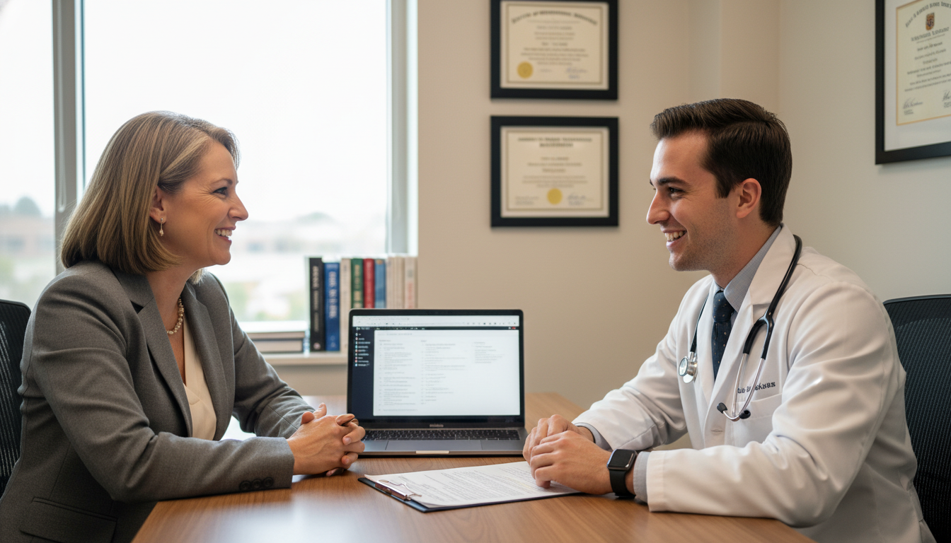 DO psychiatry resident meeting with mentor in hospital office DO psychiatry resident meeting with mentor in hospital office - DO graduate residency for Networking in Medicine for DO Gradu