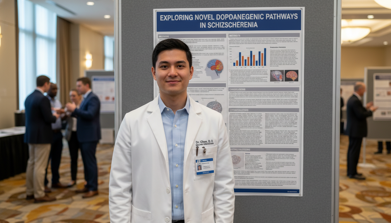 Psychiatry resident and DO graduate presenting a research poster at a medical conference Psychiatry resident and DO graduate presenting a research poster at a medical conference - DO graduate residency for Research