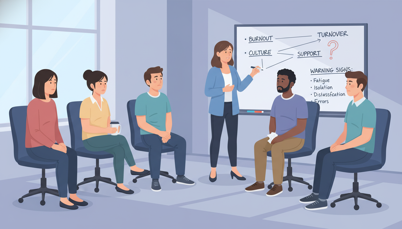 Psychiatry residents during a wellness meeting discussing burnout and support Psychiatry residents during a wellness meeting discussing burnout and support - DO graduate residency for Resident Turnover W