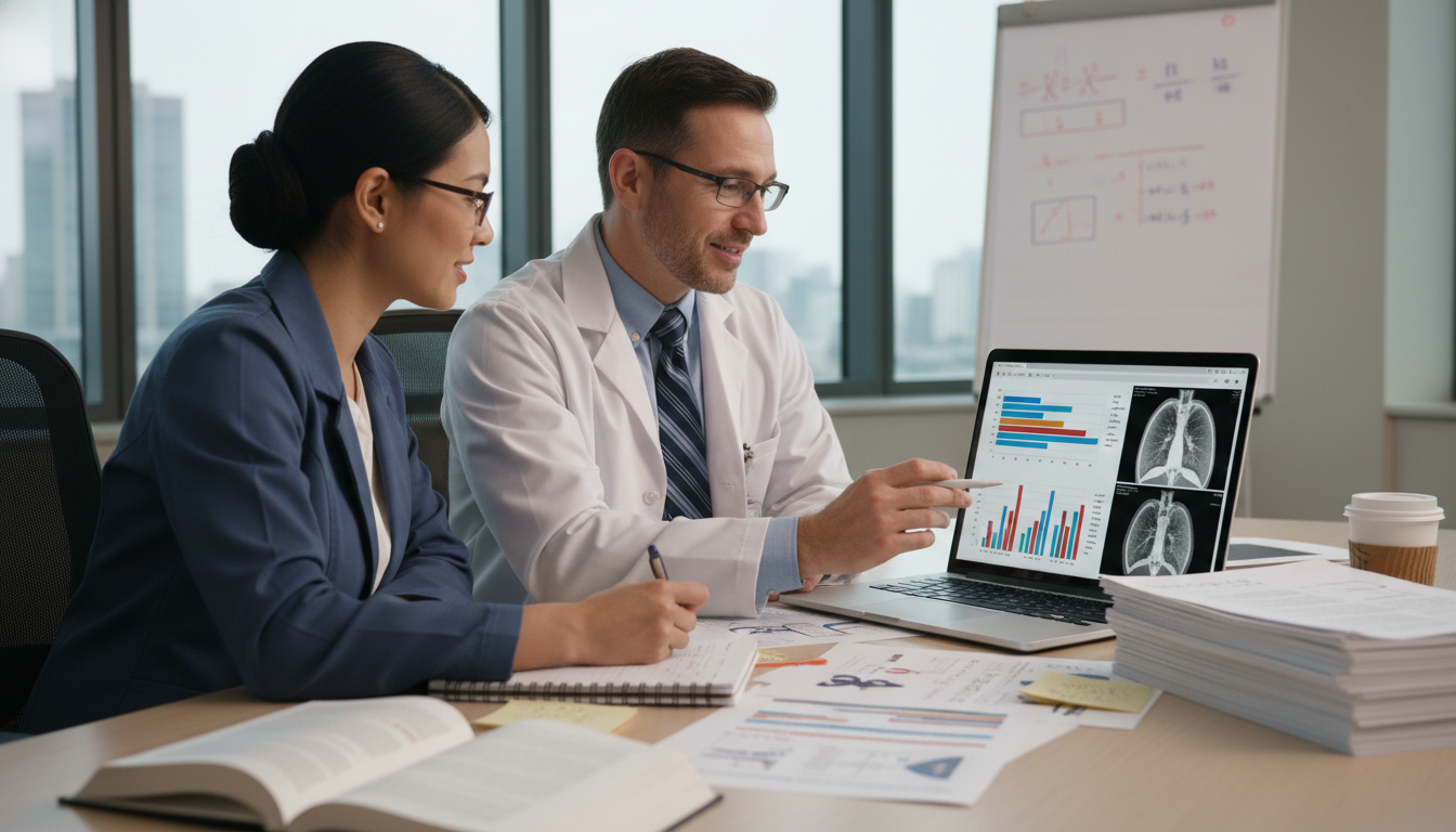 Resident and mentor reviewing pulmonary and critical care research data Resident and mentor reviewing pulmonary and critical care research data - DO graduate residency for Research During Residency