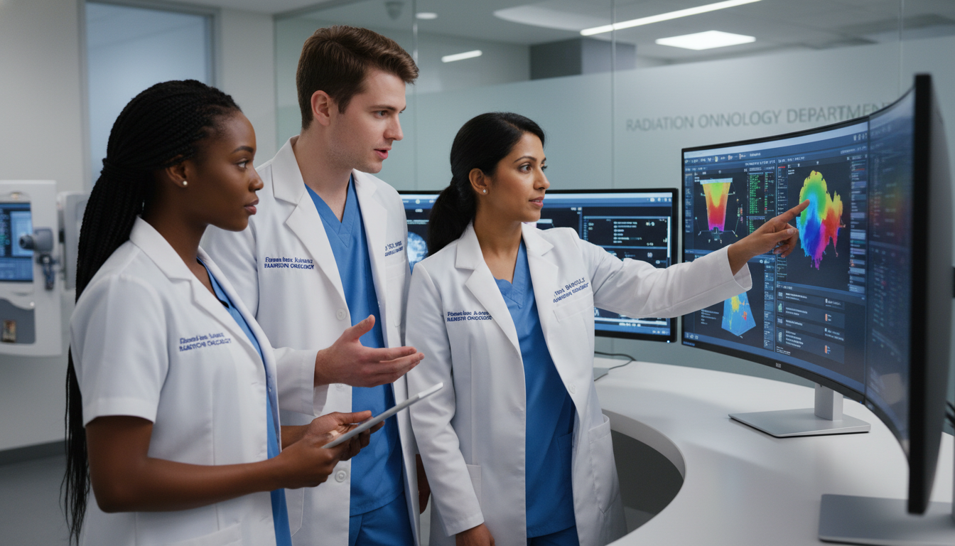 Radiation oncology team collaborating in treatment planning room Radiation oncology team collaborating in treatment planning room - DO graduate residency for Away Rotation Strategy for DO Gr