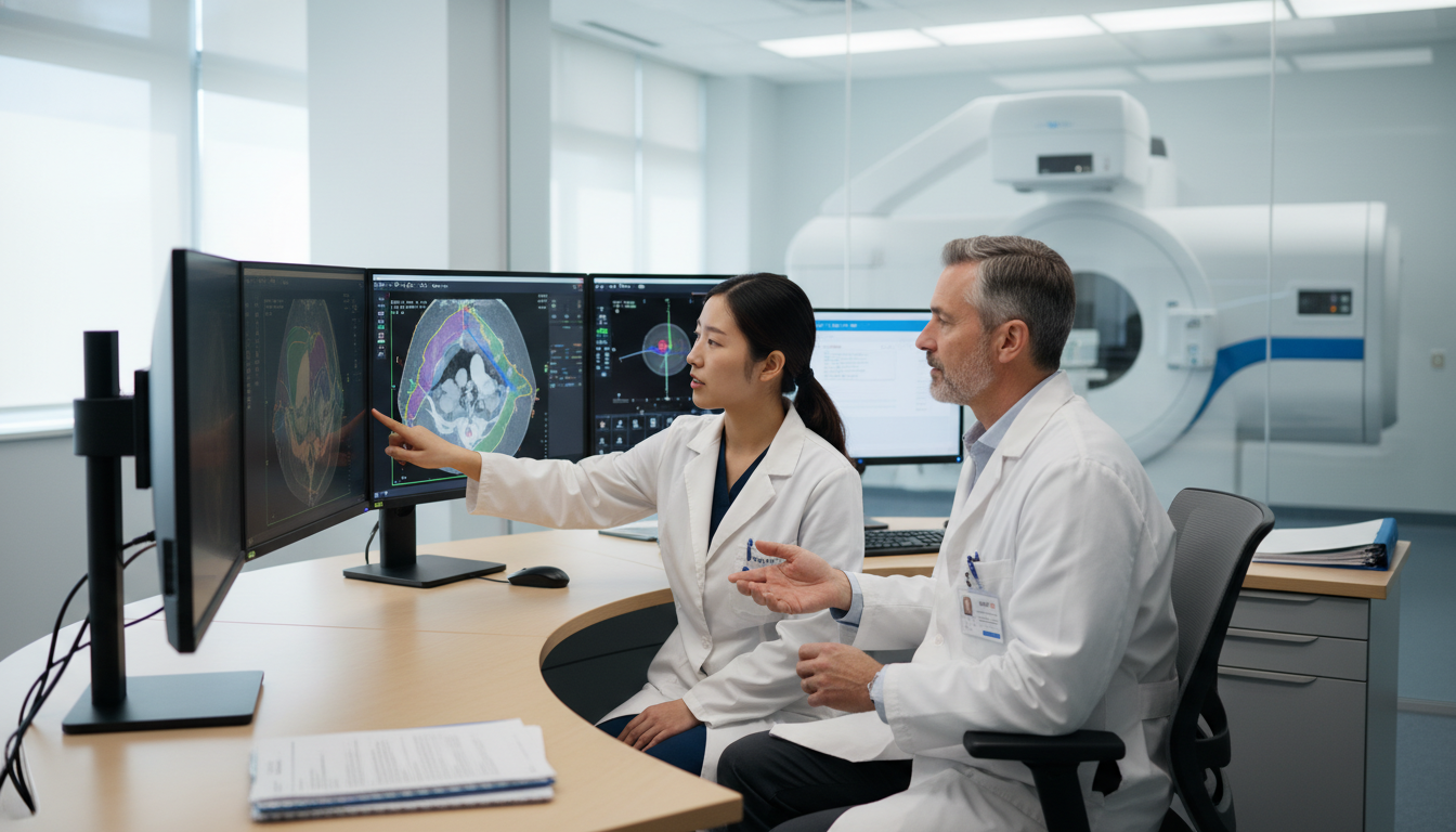 Radiation oncology resident consulting with mentor at treatment planning workstation Radiation oncology resident consulting with mentor at treatment planning workstation - DO graduate residency for How to Resea