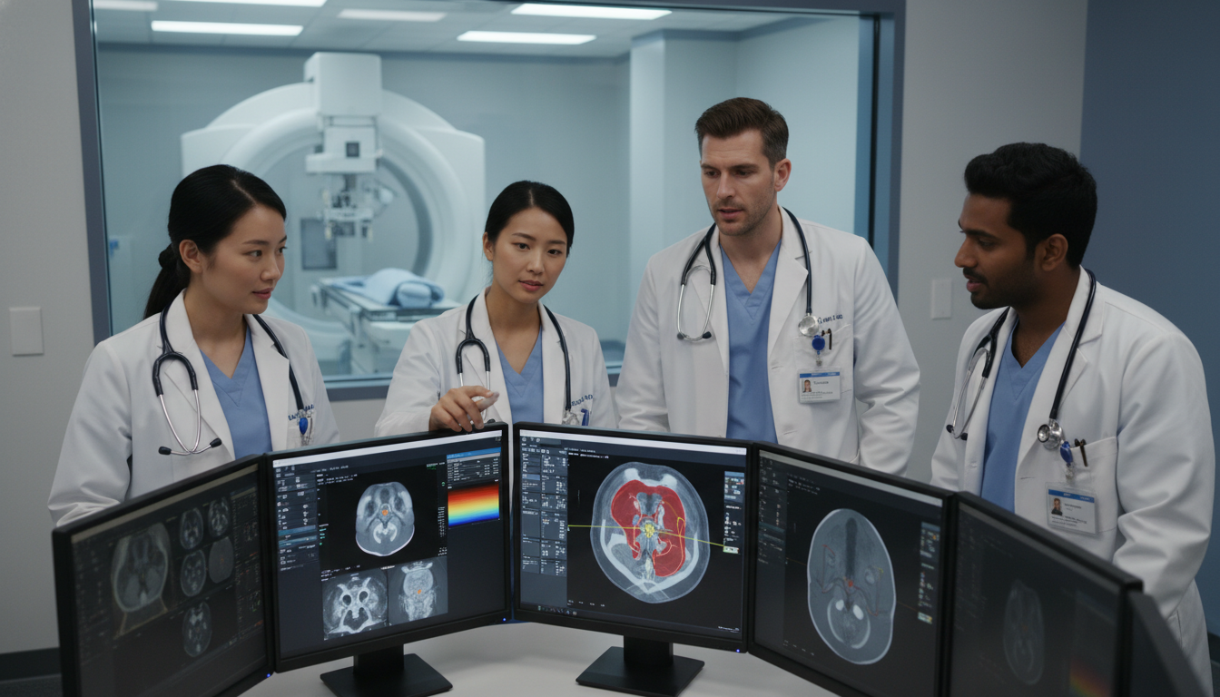 Radiation oncology residents discussing cases at a workstation Radiation oncology residents discussing cases at a workstation - DO graduate residency for Questions to Ask Programs for DO G